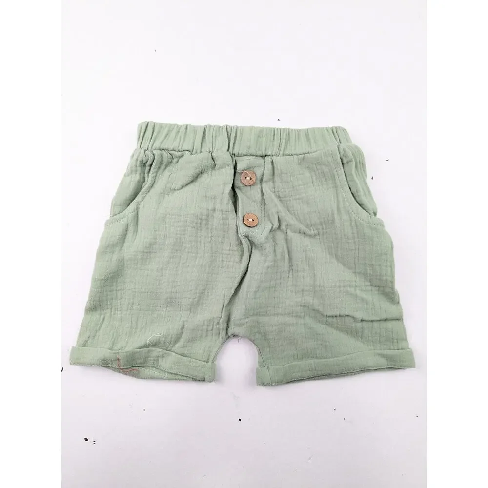 No Brand Sage Green Muslin 2 Piece Shorts & Shirt Set - 12-18 Months